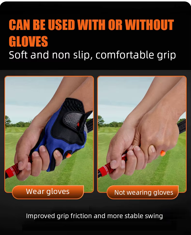Promotional graphic showing a golf grip being demonstrated on a golf club, with two side-by-side panels: one labeled 'Wear gloves' showing hands holding a blue and black glove over the grip, and one labeled 'Not wearing gloves' showing hands holding the grip directly. Text at the top says it can be used with or without gloves, and text at the bottom claims improved grip friction and a more stable swing.