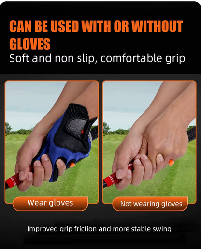 Promotional graphic showing a golf grip being demonstrated on a golf club, with two side-by-side panels: one labeled 'Wear gloves' showing hands holding a blue and black glove over the grip, and one labeled 'Not wearing gloves' showing hands holding the grip directly. Text at the top says it can be used with or without gloves, and text at the bottom claims improved grip friction and a more stable swing.
