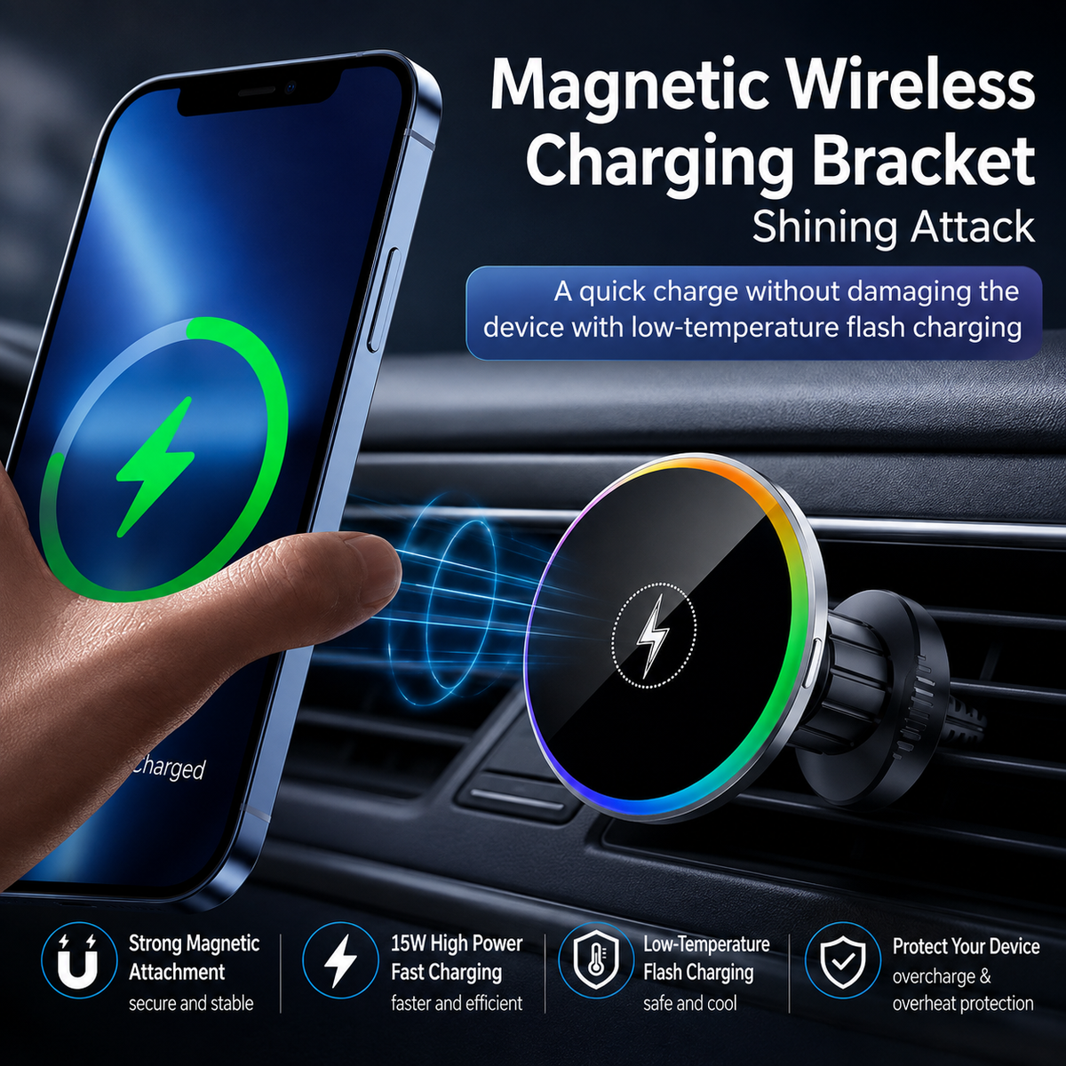 WanderS 15W RGB LED Car Mounted Wireless Charger with Electroplated Frame