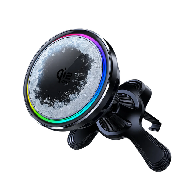 A black car dashboard phone mount with a circular magnetic glass cover, featuring a colorful RGB light ring and a printed ice/water graphic. The mount is attached to a black clip and shown on a dark, sleek surface with a striped background.