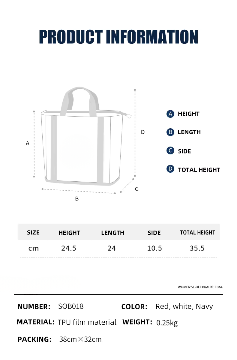 Product information sheet for a tote bag with dimensions and details.