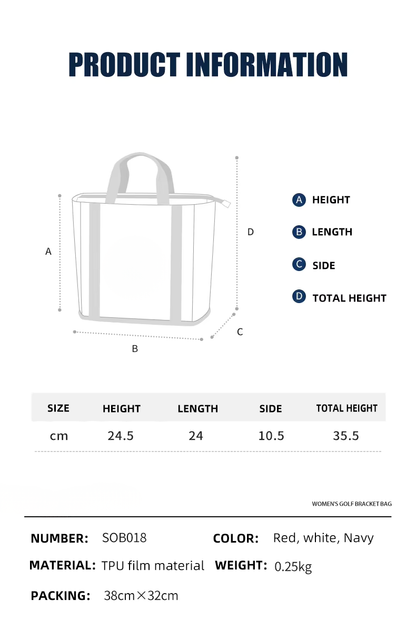 Product information sheet for a tote bag with dimensions and details.
