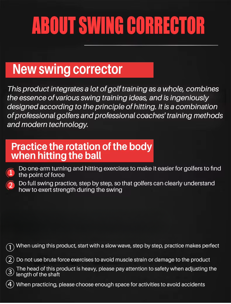 An informational graphic titled 'ABOUT SWING CORRECTOR' on a black background, with red and white text explaining the product, including sections for 'New swing corrector' and exercise instructions.