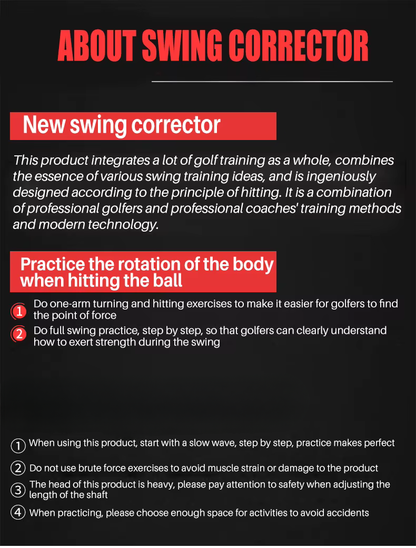 An informational graphic titled 'ABOUT SWING CORRECTOR' on a black background, with red and white text explaining the product, including sections for 'New swing corrector' and exercise instructions.
