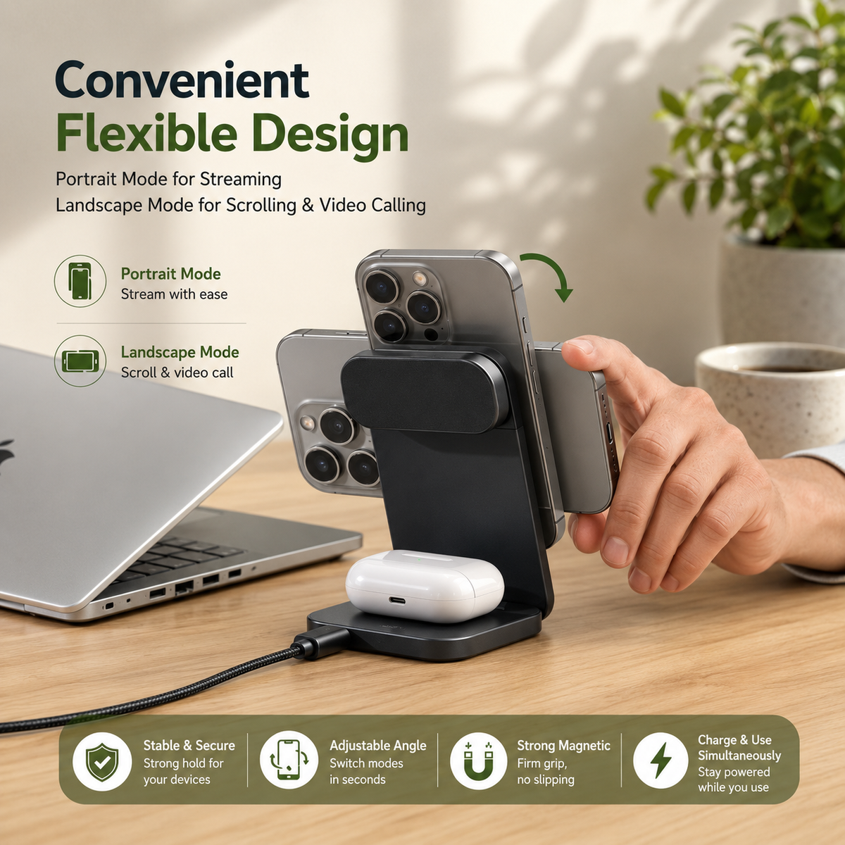 WanderS 3-in-1 Qi2.2 25W Cooling Desktop Wireless Charger