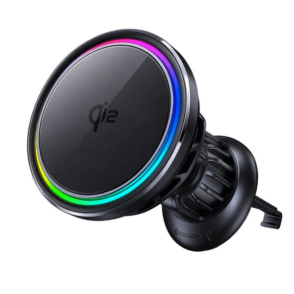 A Qi2 wireless car phone charger mount with a circular black face, a metallic silver rim, and a vibrant multicolor LED ring glowing in rainbow hues. The mount is attached to a black air vent clip and photographed on a dark gray background.
