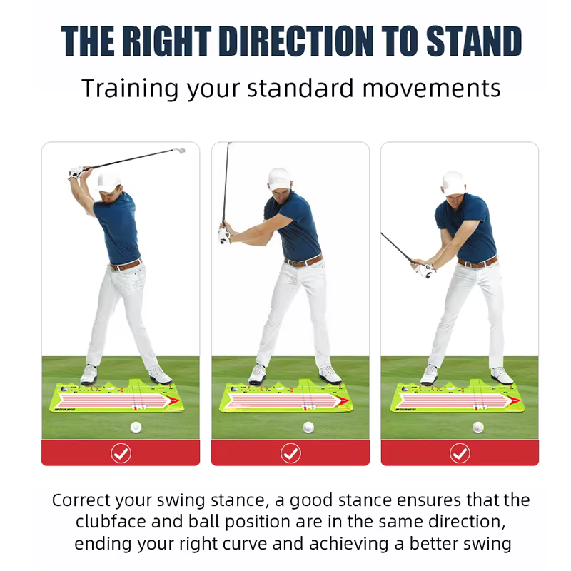 Instructional graphic showing three golf swing stance positions with text reading 'THE RIGHT DIRECTION TO STAND' and 'Training your standard movements,' plus explanatory copy about clubface and ball position.