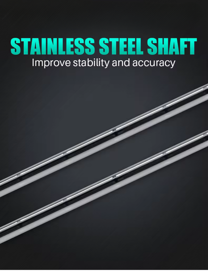 Two long stainless steel shafts shown diagonally on a dark gray background with the text 'STAINLESS STEEL SHAFT' and 'Improve stability and accuracy'.