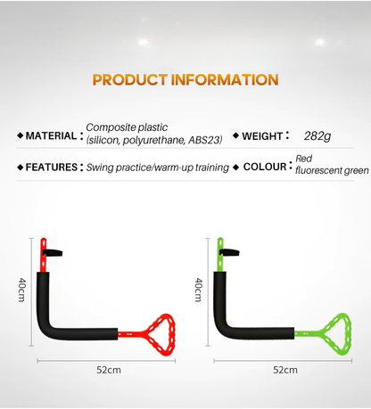 Product information graphic showing two versions of a swing practice training tool: one in fluorescent red and one in fluorescent green. The graphic includes product details like material (composite plastic), weight (282g), and features (swing practice/warm-up training).