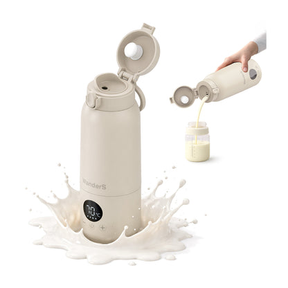 A beige insulated bottle with a digital temperature display and flip-top lid, shown with a milk splash effect at its base. A hand in the upper right pours liquid from the bottle into a small jar.