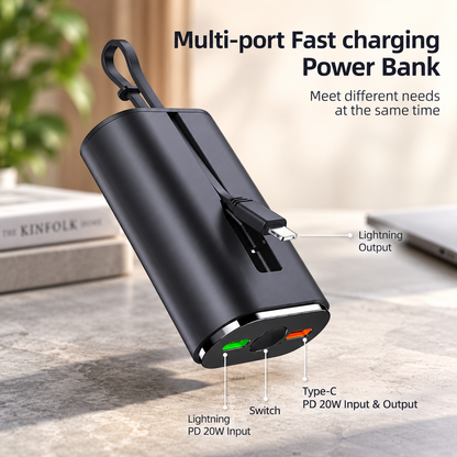 WanderS 5000mAh Phone & Apple Watch Power Bank with Built-in Cable
