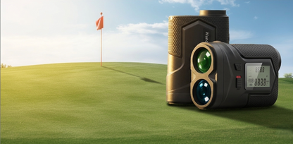 Golf rangefinder on a golf course with a flag in the background