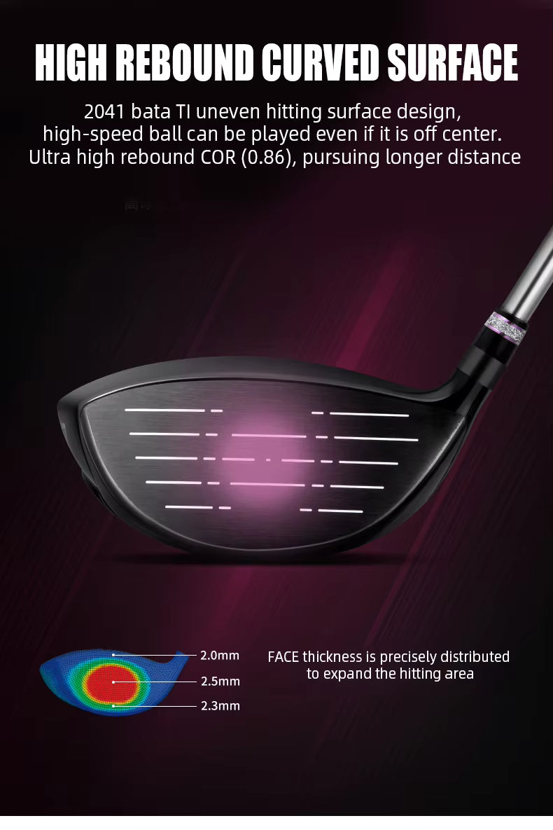 Promotional graphic for a golf club head showing a black curved iron or hybrid club face with white line markings and a pink glow, plus marketing text and a small face-thickness diagram on a dark purple background.
