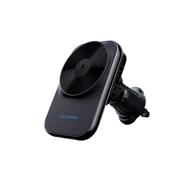 A black magnetic wireless car phone mount clipped to a dashboard air vent, with a scenic mountain sunset blurred in the background.