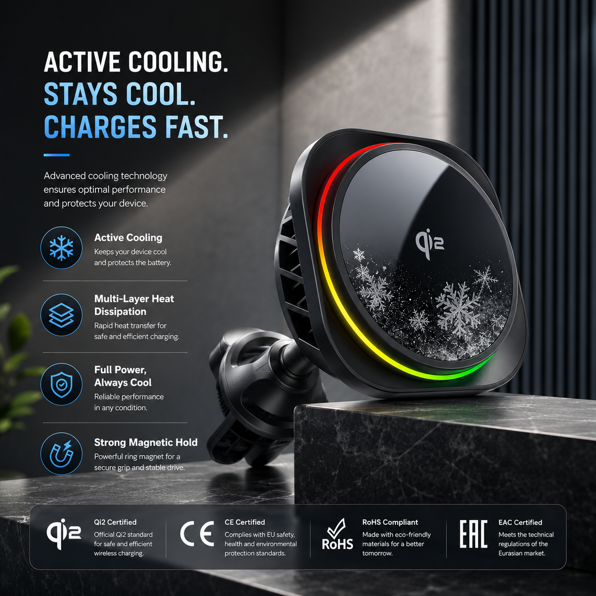 WanderS Qi2 15W Semiconductor-Cooled Car Wireless Charger