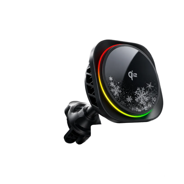 A Q2 branded car dashboard vent clip with active cooling technology, shown on a dark stone pedestal with a black car dashboard in the background. The vent clip has a black face with a white snowflake graphic and a glowing ring of red, yellow, and green light around the edge.