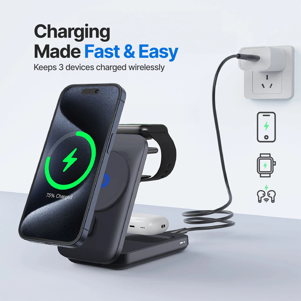 WanderS 3-in-1 Qi2 15W Foldable MagSafe Wireless Charger