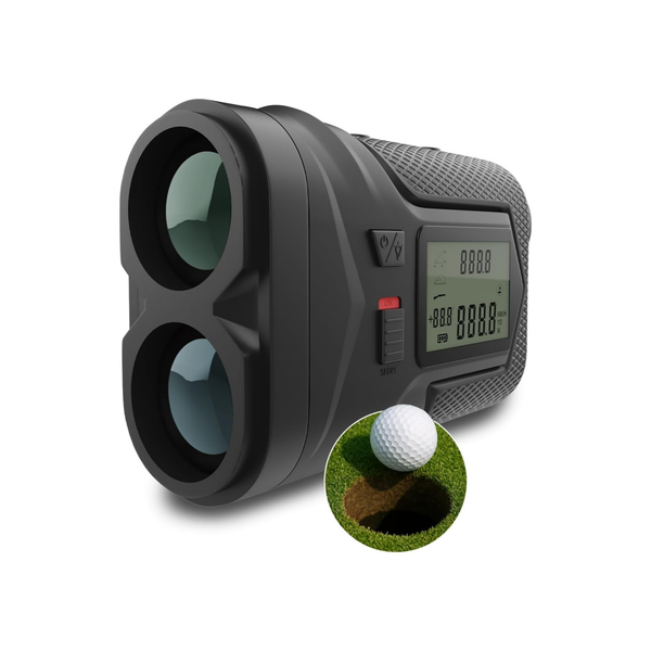 Golf rangefinder with a golf ball on grass inset, on a white background