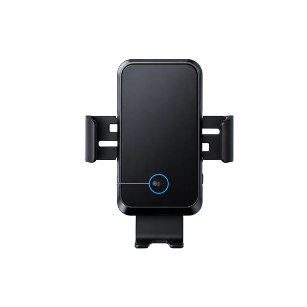 A black smartphone mount or holder shown on a smooth gray studio background, with callout text reading 'SMART MOTION SENSOR' and a blue line pointing to a small circular sensor on the front.