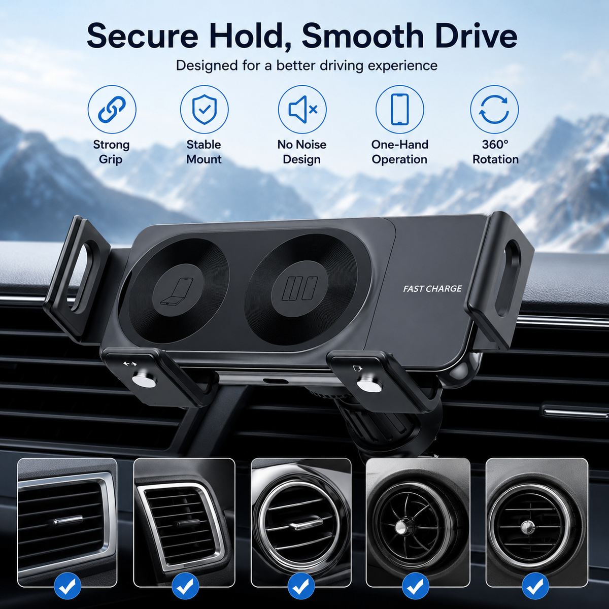 WanderS 15W Dual-Coil Auto-Clamp Car Wireless Charger