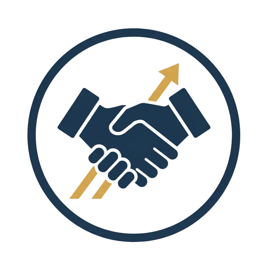 Icon of two hands shaking with a gold arrow above, enclosed in a blue circle on a white background.