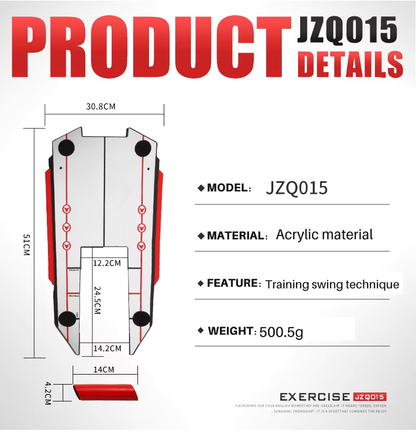 Product details diagram for JZQ015 training swing acrylic weight plate, showing dimensions, material, feature, and weight on a white background.