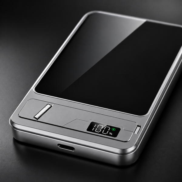 A close-up of a metallic silver electronic device with a large black display screen and a small digital battery indicator showing 100% on a dark background.