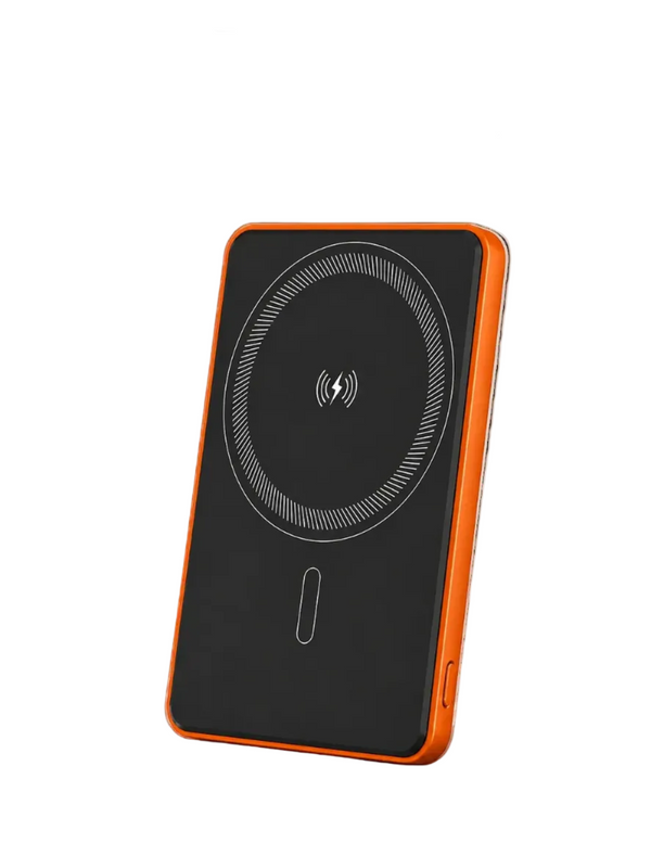 An orange and black magnetic wireless power bank standing on a round pedestal, with promotional text above reading 'Power. Anytime.