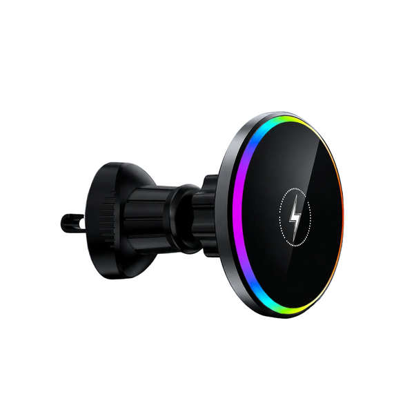 A black car air vent wireless charger with a circular magnetic pad featuring a glowing RGB rainbow LED ring, shown on a dark textured surface.
