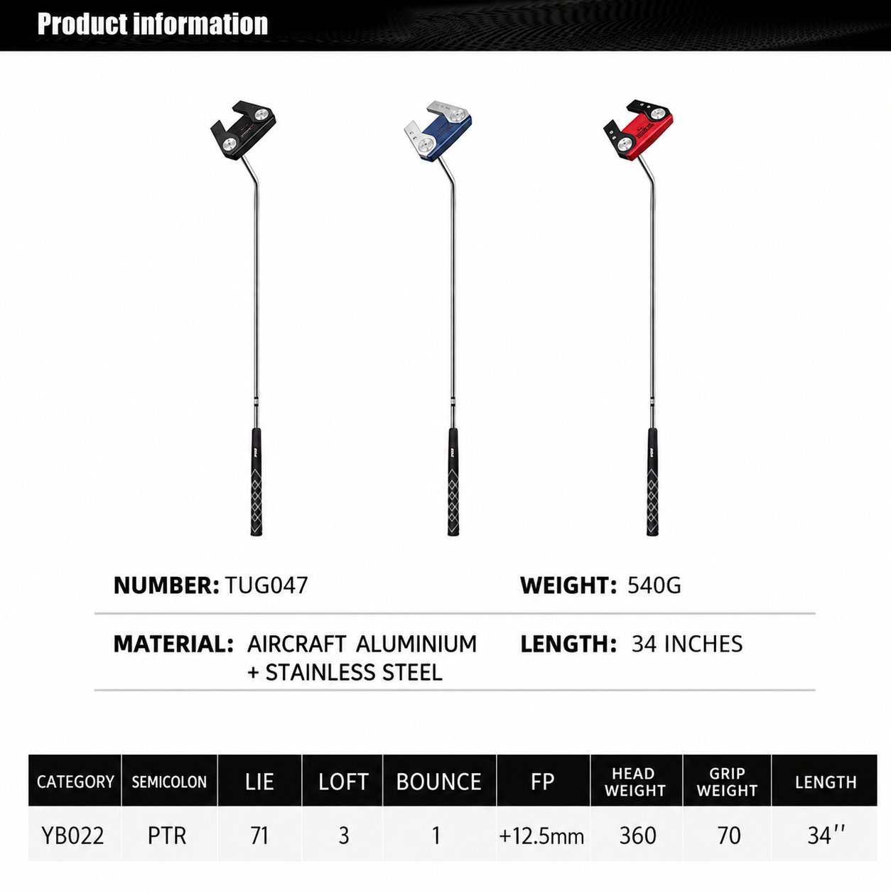 Product information graphic showing three golf putters with specifications and a data table below on a white background.