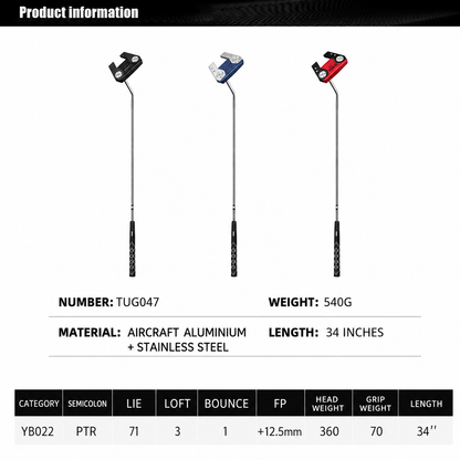 Product information graphic showing three golf putters with specifications and a data table below on a white background.