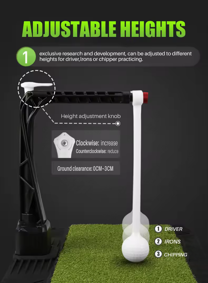 Adjustable height golf target practice stand with a black metal base, white upright target, and green turf mat on a dark background, with text explaining height adjustment.