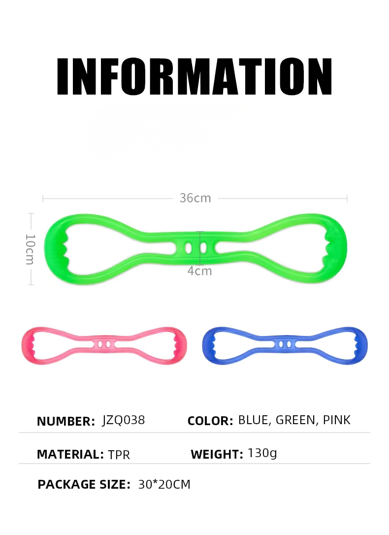Information graphic showing a pet tug toy in three colors: green, pink, and blue. The green toy is shown at the top with dimension lines indicating a length of 36cm and a width of 10cm, and a height of 4cm.