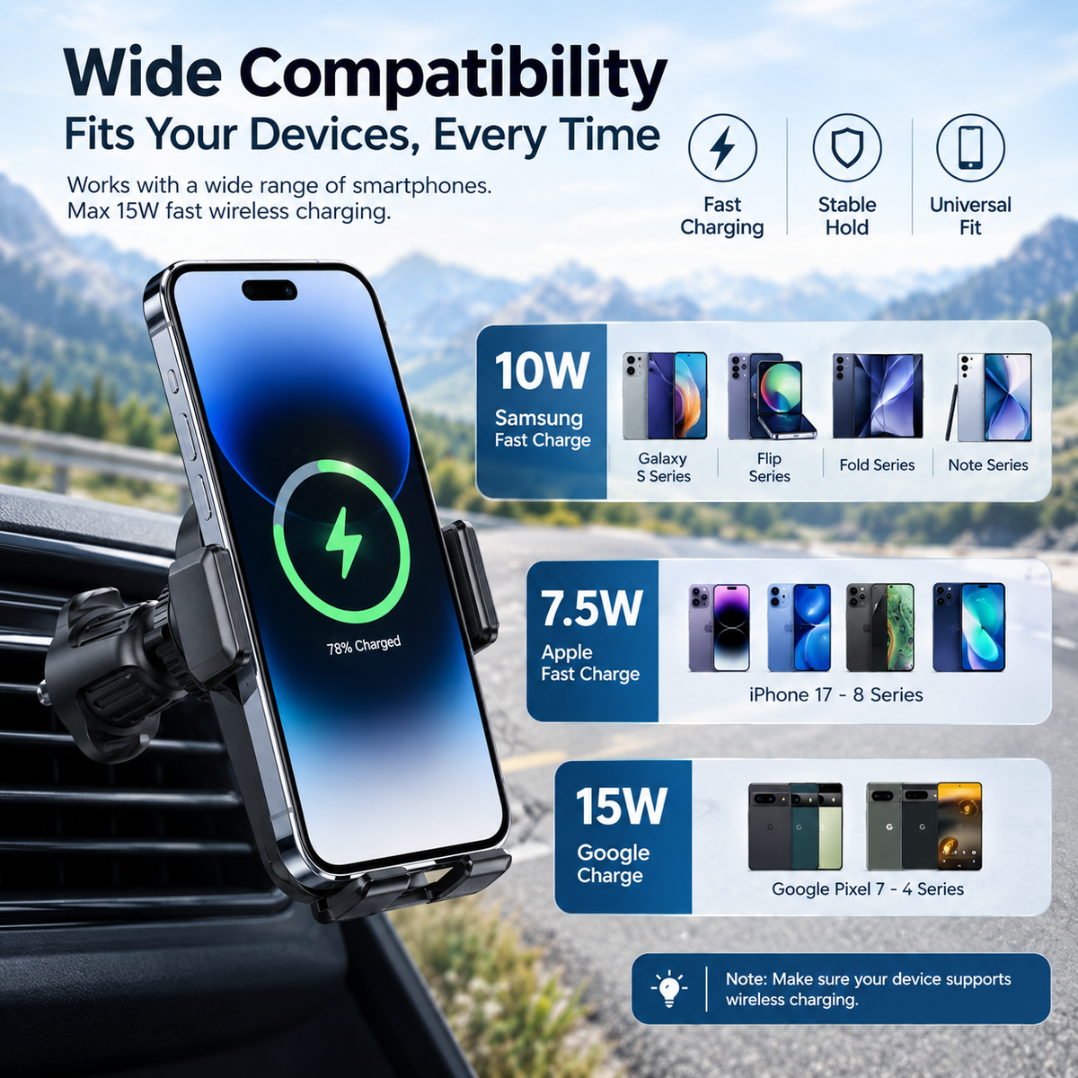 WanderS 15W Dual-Coil Auto-Clamp Car Wireless Charger