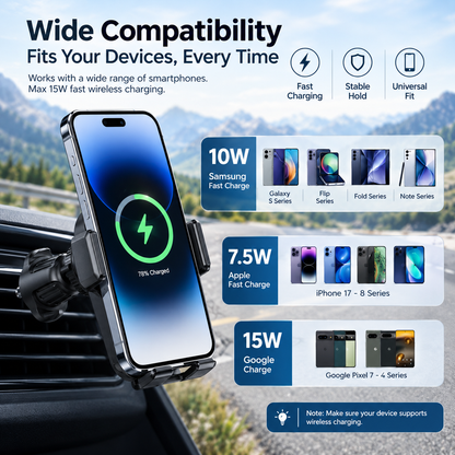 WanderS 15W Dual-Coil Auto-Clamp Car Wireless Charger