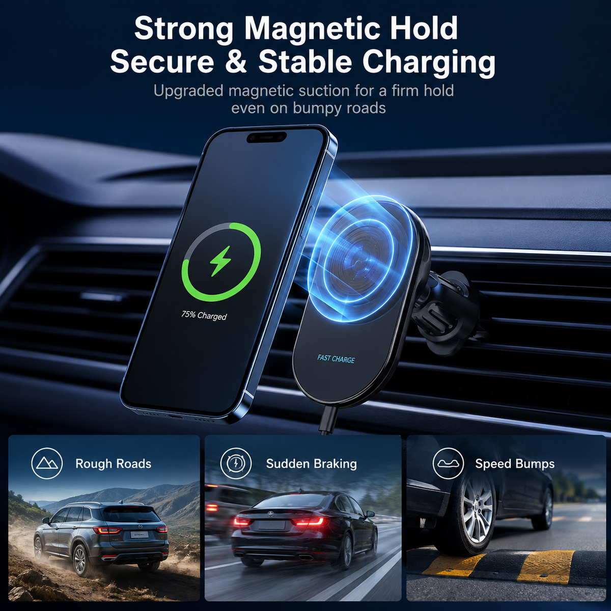 WanderS 15W Cooling Car Wireless Charger with LED Logo