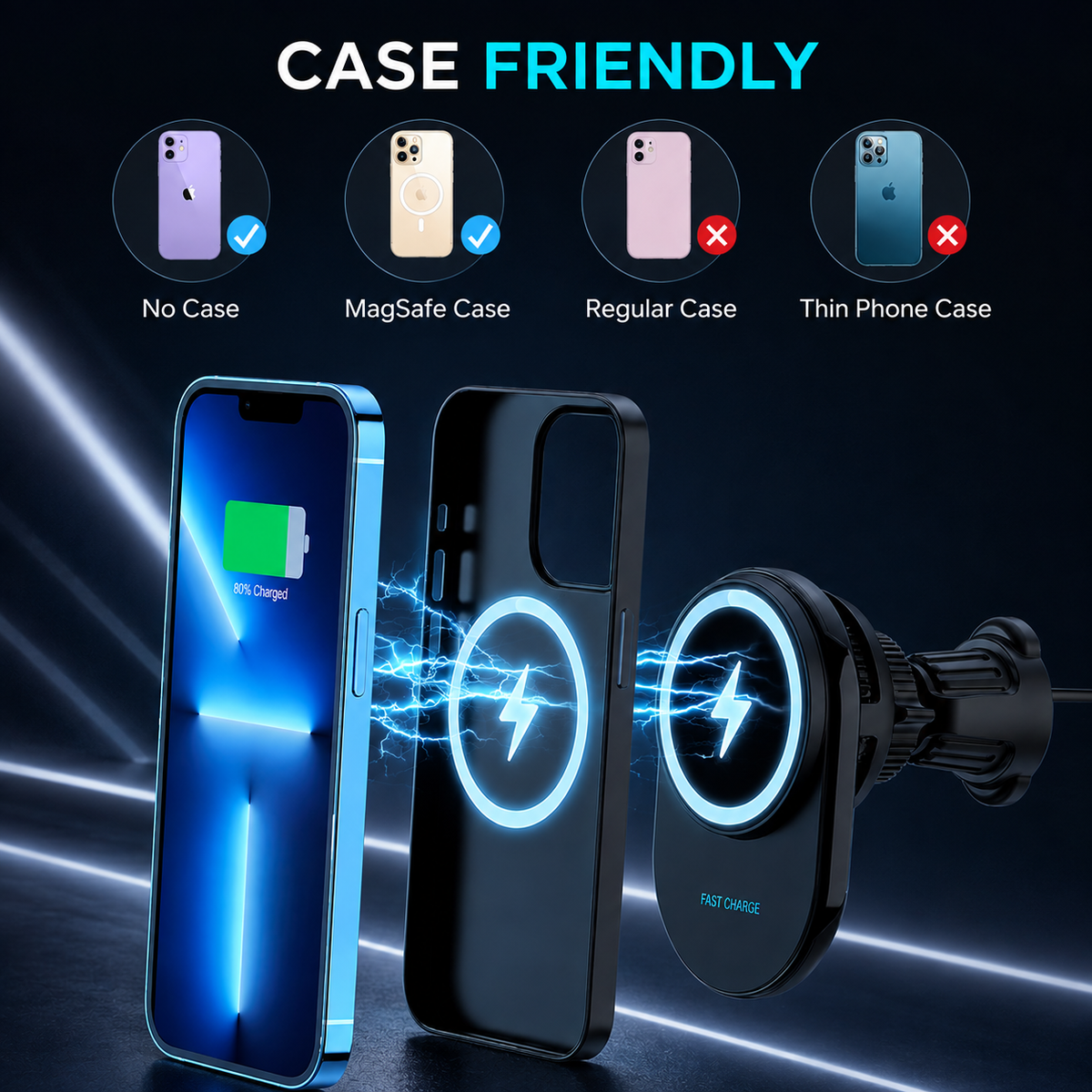 WanderS 15W Cooling Car Wireless Charger with LED Logo
