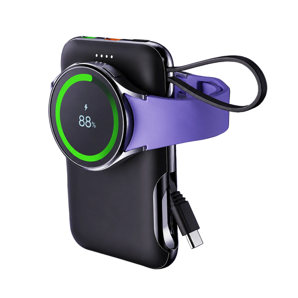 A black portable power bank with a built-in smartwatch charger and USB-C cable, shown charging a smartphone on a purple circular stand against a dark purple background.