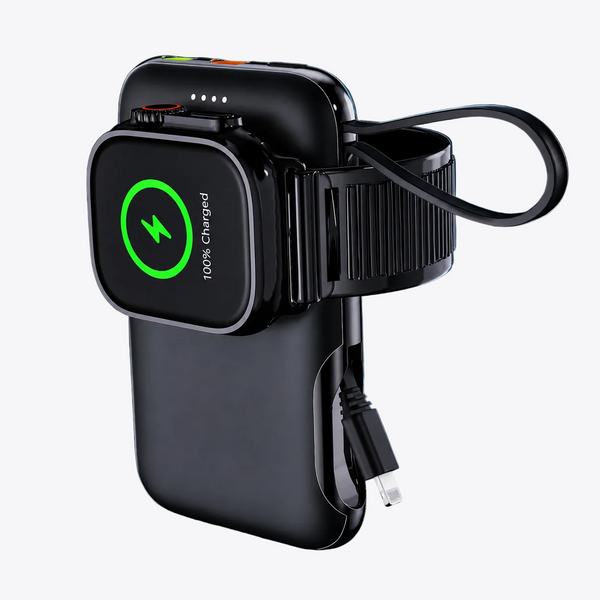 A black portable power bank with a built-in strap and charging port, shown charging a smartwatch on a round charging stand against a dark blue background with glowing light effects.