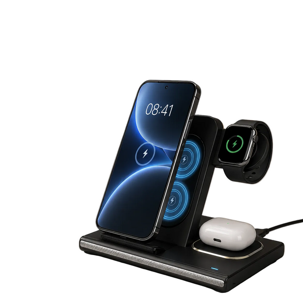 A 3-in-1 wireless charging stand shown in a modern home office setting, charging a smartphone, smartwatch, and wireless earbuds case. The scene includes promotional text highlighting 15W wireless fast charging.