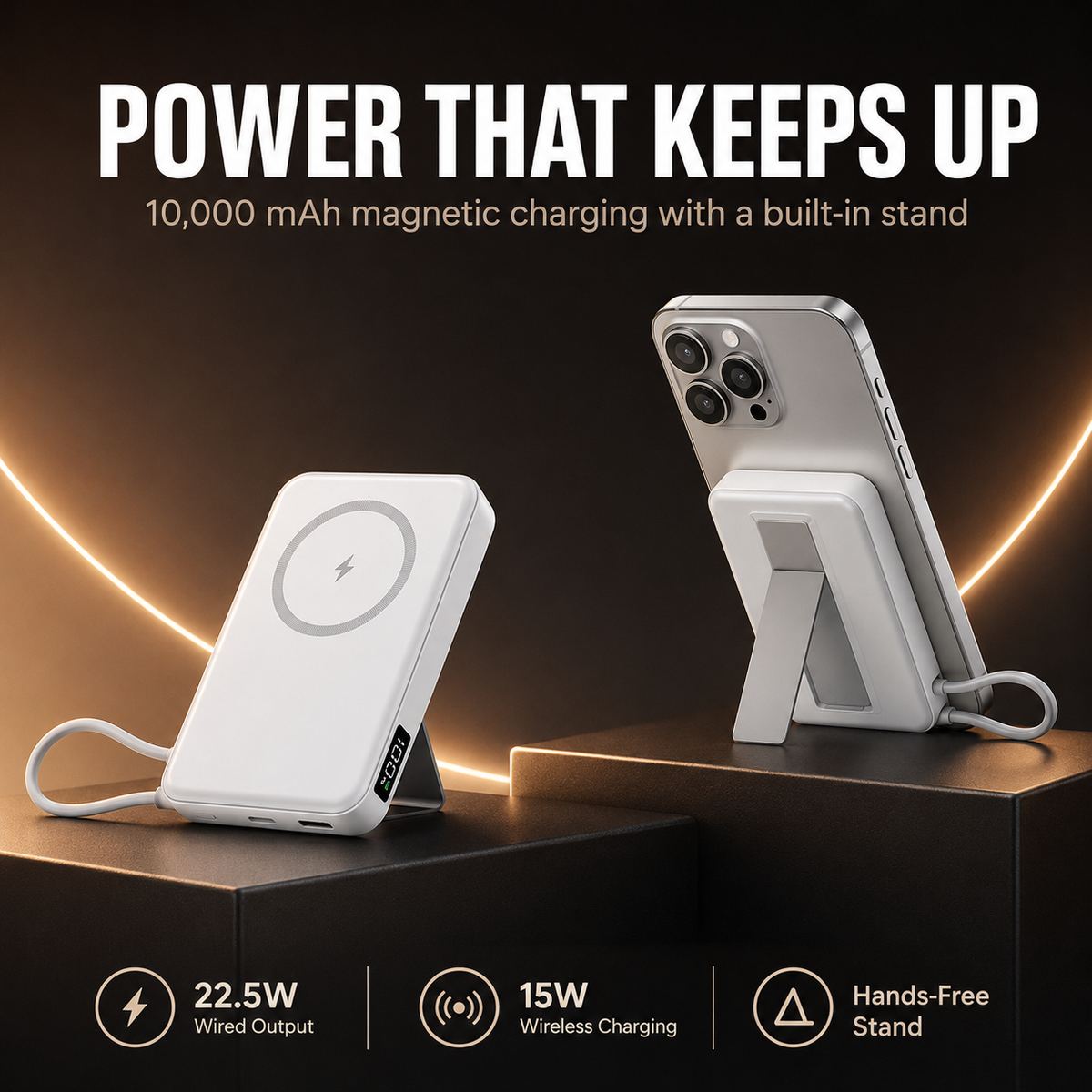 WanderS 10000mAh Magnetic Power Bank with Display & Built-in Cable