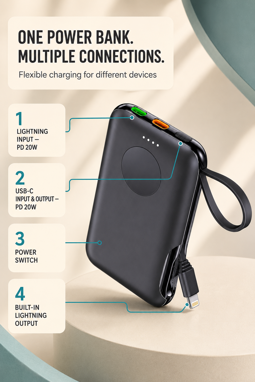 WanderS 5000mAh Phone & Samsung Watch Power Bank with Built-in Cable