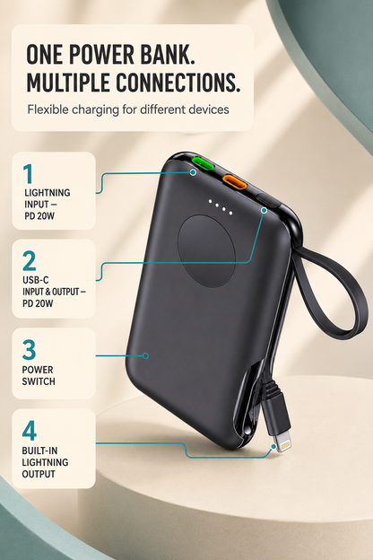 WanderS 5000mAh Phone & Samsung Watch Power Bank with Built-in Cable