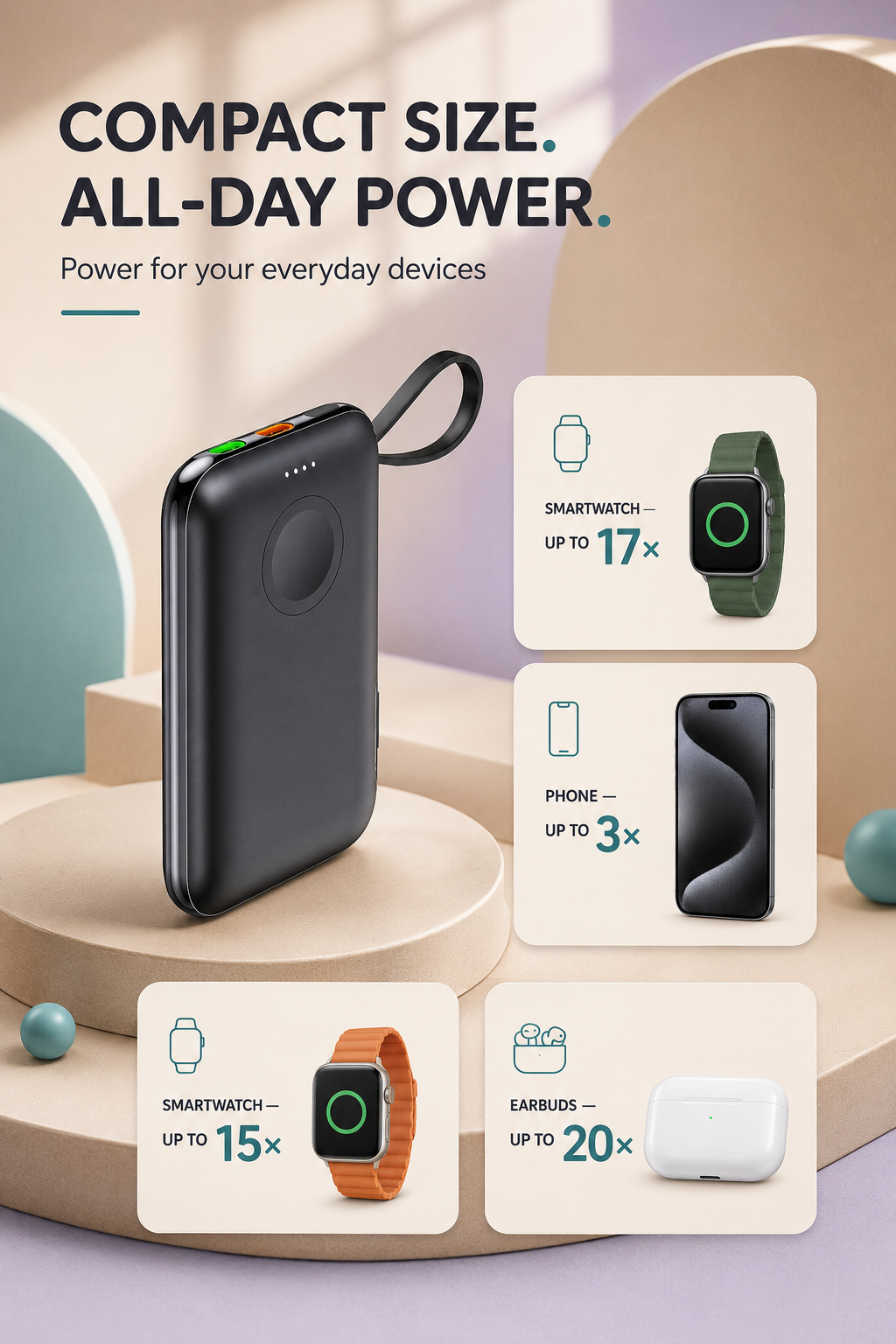 WanderS 5000mAh Phone & Apple Watch Power Bank with Built-in Cable