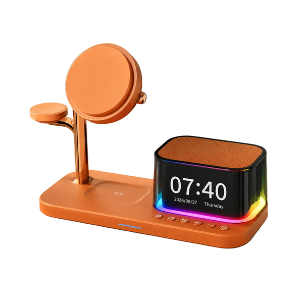 An orange smart alarm clock stand with a built-in mirror, wireless charging pad, and a rectangular digital clock displaying 07:40, set on a light stone surface with soft leaf shadows.