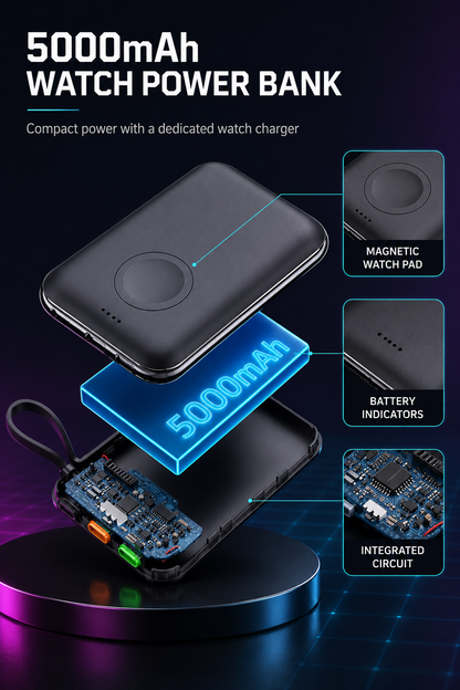 WanderS 5000mAh Phone & Apple Watch Power Bank with Built-in Cable