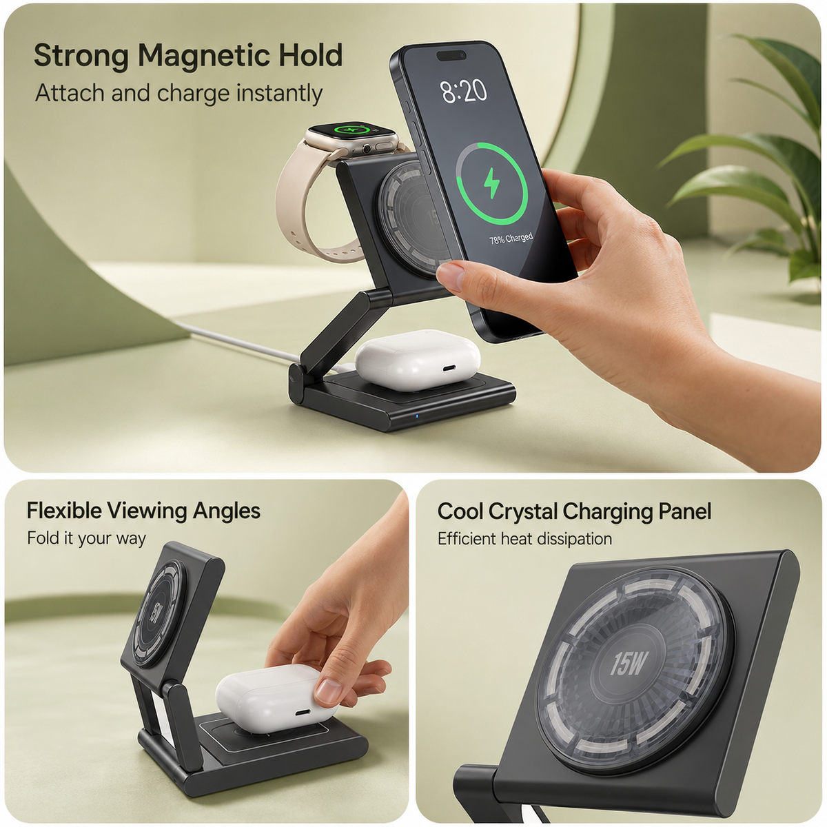 WanderS 3-in-1 Qi2 15W Aluminum Alloy Magnetic Wireless Charger