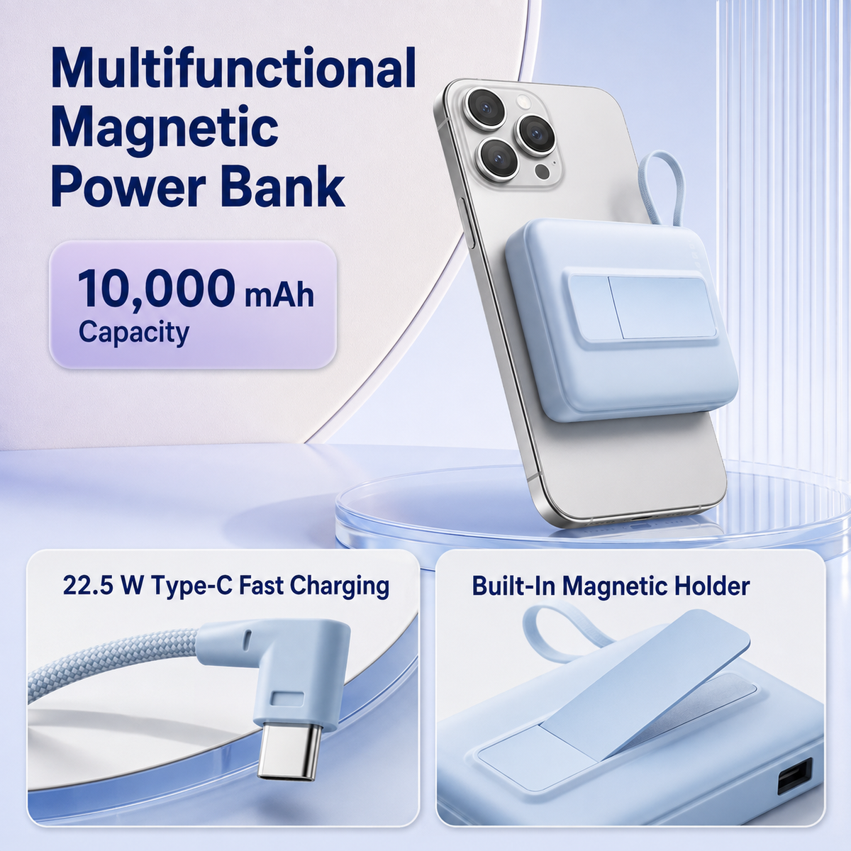 WanderS 10000mAh Magnetic Power Bank with Display & Built-in Cable
