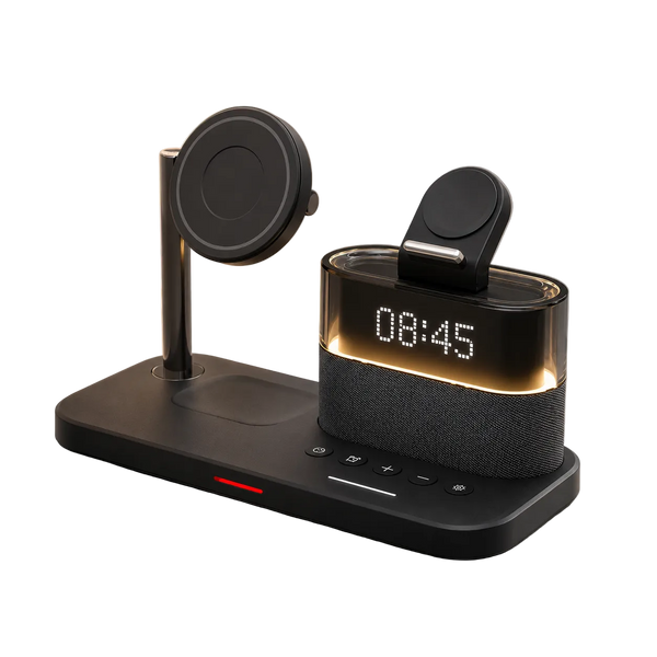 A black magnetic wireless charging dock with a smartphone charging pad, a second vertical magnetic mount, and a central cup holder with a digital LED clock display, set on a light gray marble surface.
