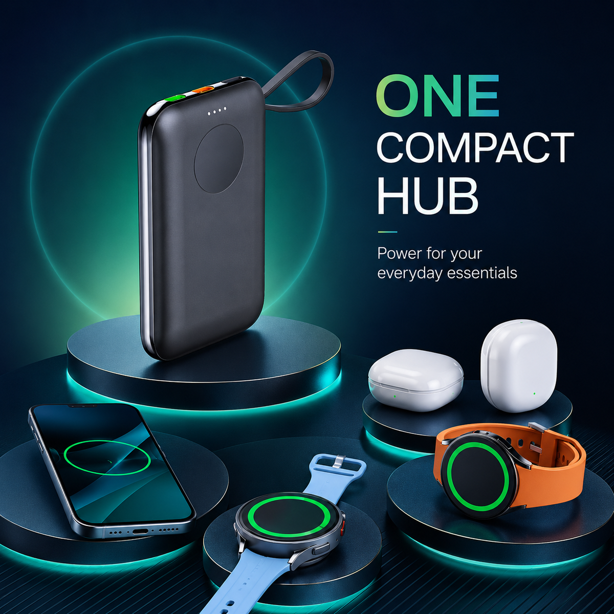WanderS 5000mAh Phone & Samsung Watch Power Bank with Built-in Cable